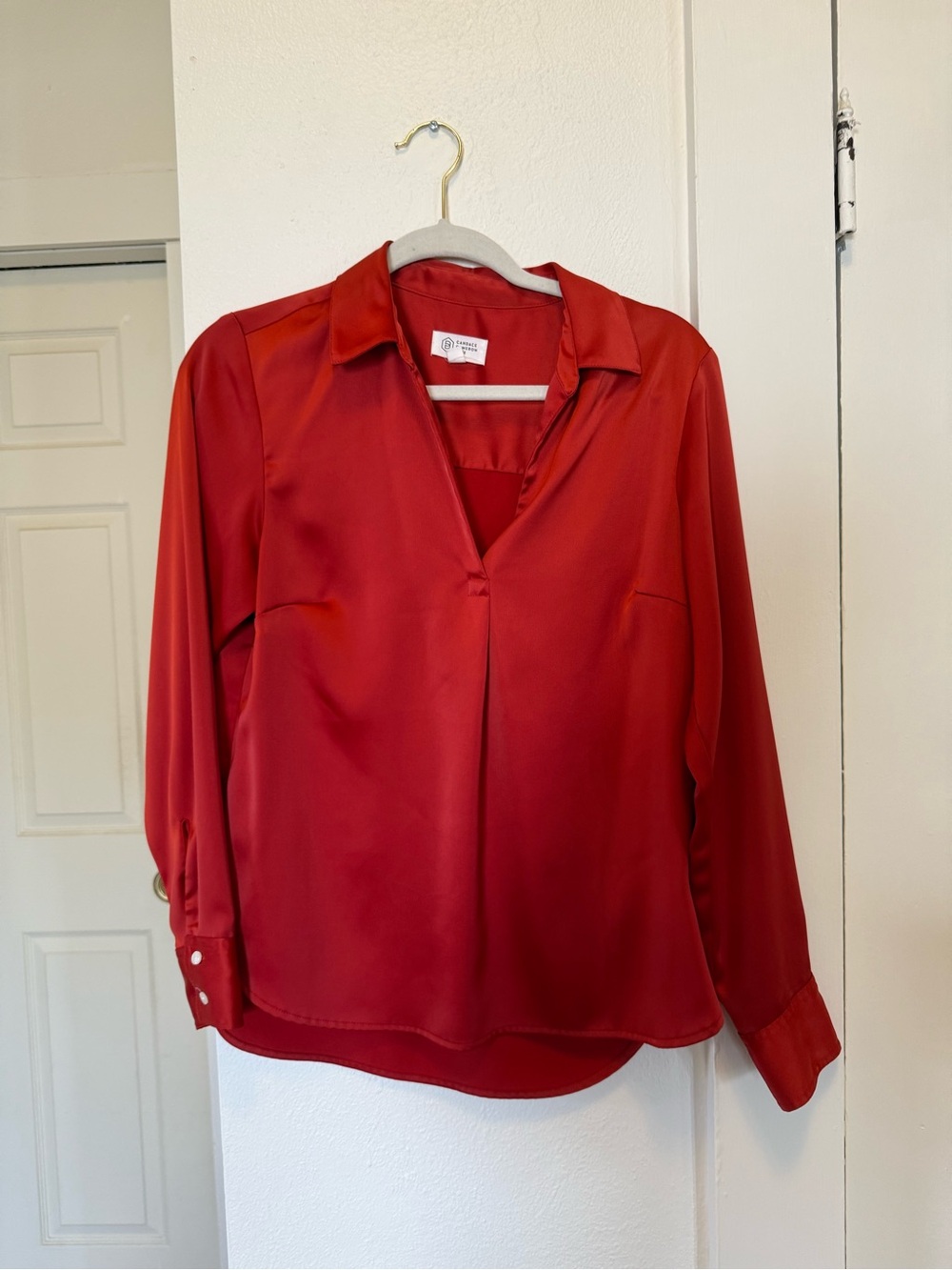 Candace Cameron Bure Red Satin V-Neck Blouse